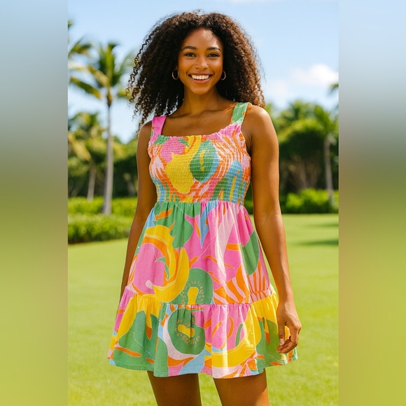 Show Me Your Mumu Tropical Smocked Criss Cross Back Mini Dress M - Picture 8 of 8